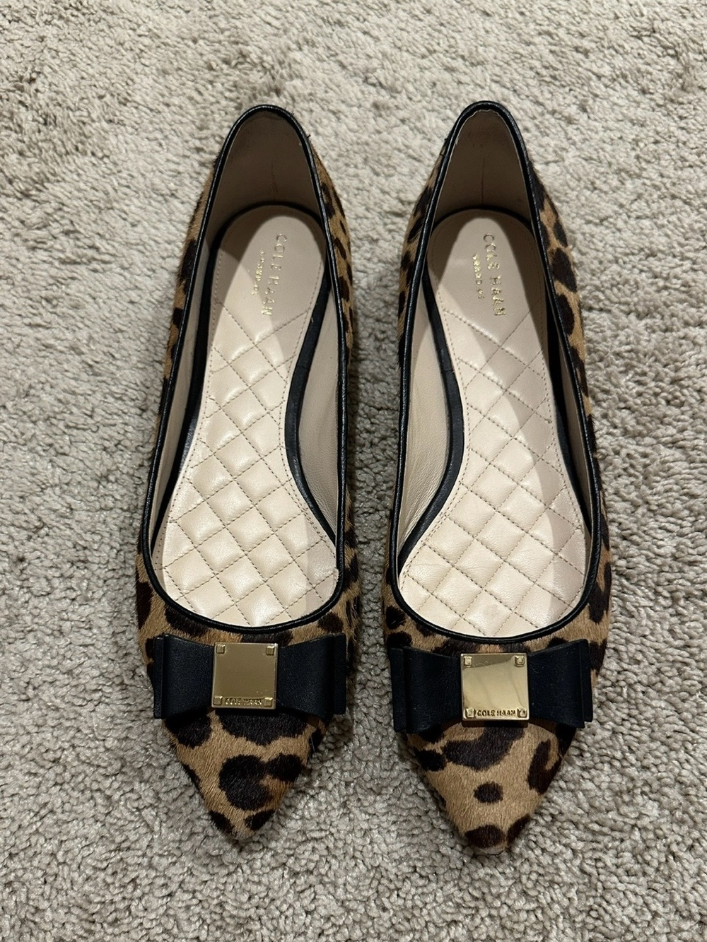 Cole Haan Leopard Print Pointed Toe Flats with Bow, Brown/Black Leather 9.5B